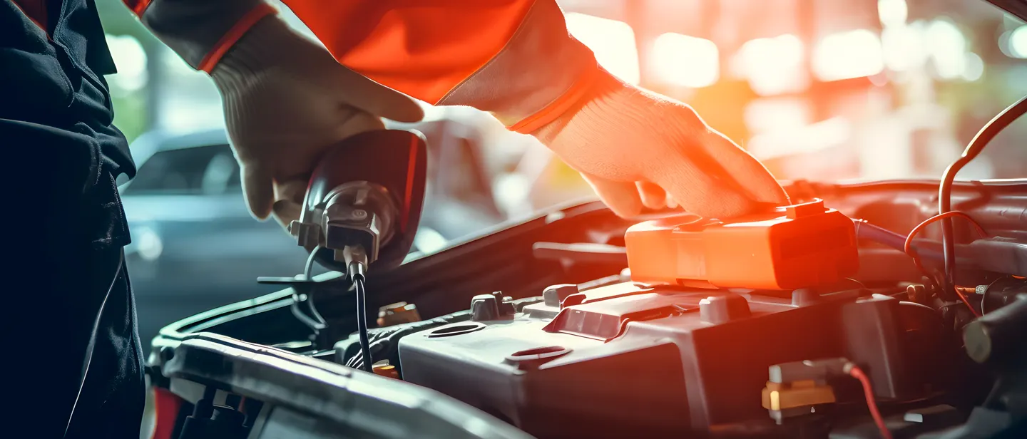 Mecánico comprobando la batería de un coche con el capó abierto
